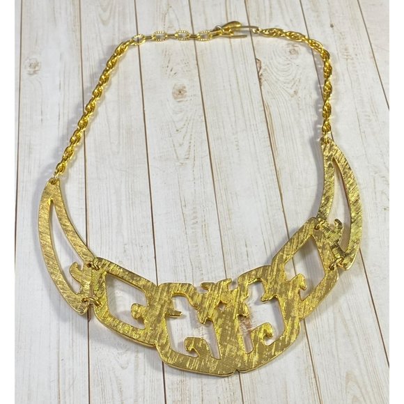 Vintage Tortolani Necklace Abstract Shiny Gold Tone Bib Designer 15.5 inches - Picture 6 of 8